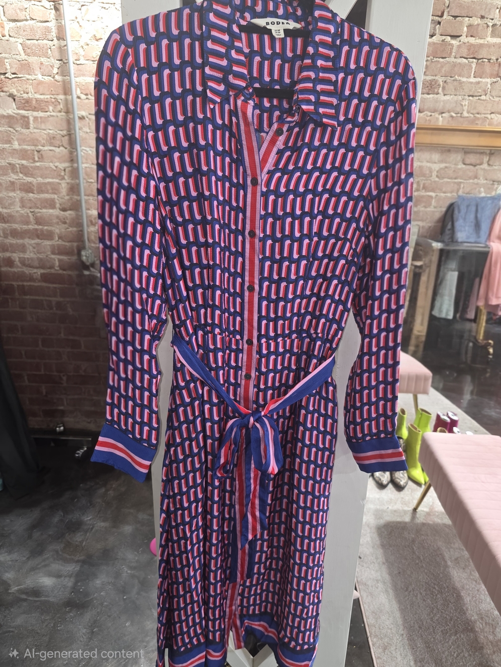 Boden Navy, Pink and Red Geometric Maxi Shirt Dress